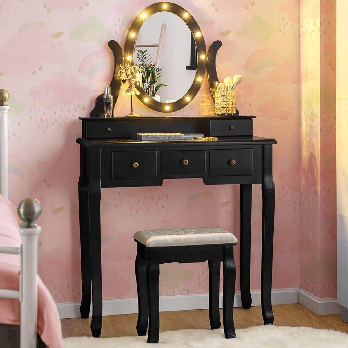 Black Vanity Dressing Table Set with Rotating Mirror - Loft&Timber