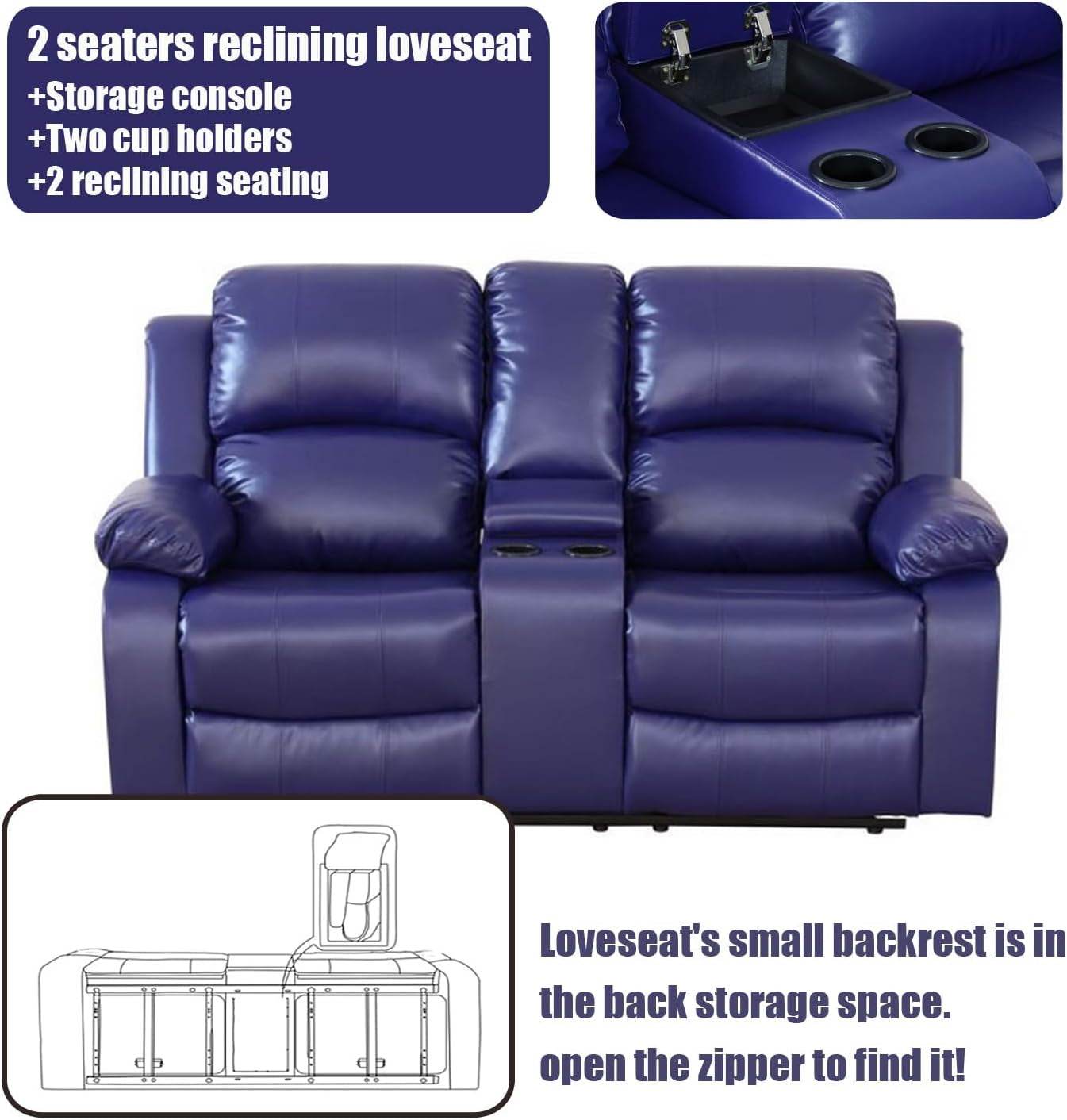 Blue Leather Reclining Sofa Set Faux Leather - Loft&Timber