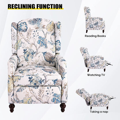 Upholstered Wingback Recliner Chair, Padded, Blue Floral-2