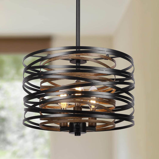 12.6'' Farmhouse Chandeliers for Dining Room, 3-Light Industrial Metal Hanging Light Fixture, Rustic Drum Pendant Light for Entryway Kitchen Foyer Bedroom, Black with Retro Wood Texture Interior - Loft&Timber