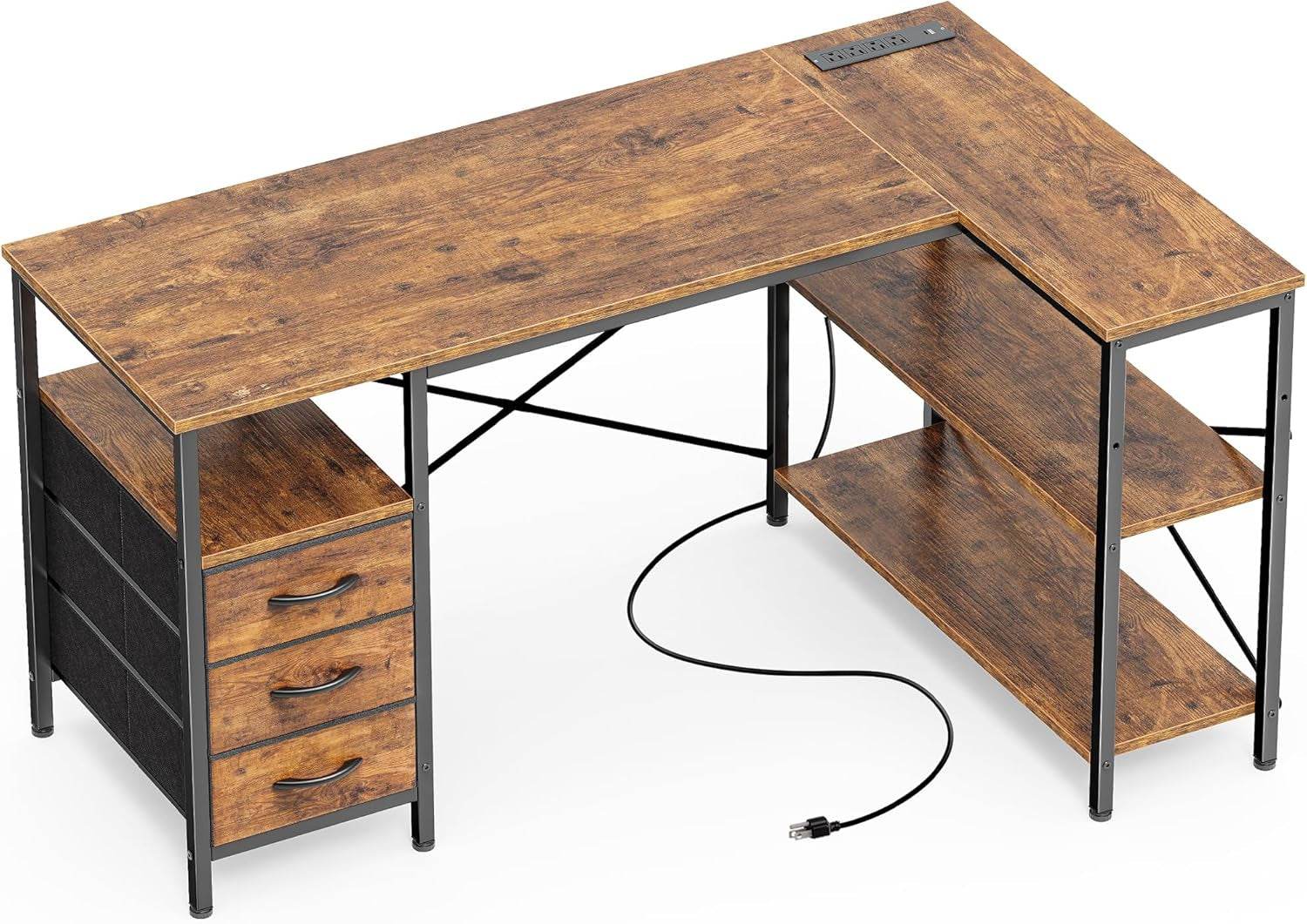 L Shaped Desk with Power Outlets in Rustic Brown - Loft&Timber