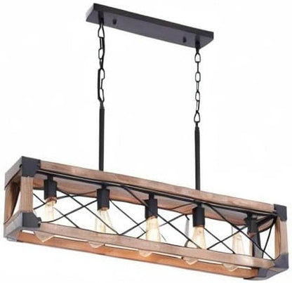 Farmhouse Kitchen Island Lighting, 5-Light Dining Room Light Fixture, Farmhouse Linear Chandelier with Solid Wood for Dining Room Kitchen Bar Pool Table - Loft&Timber