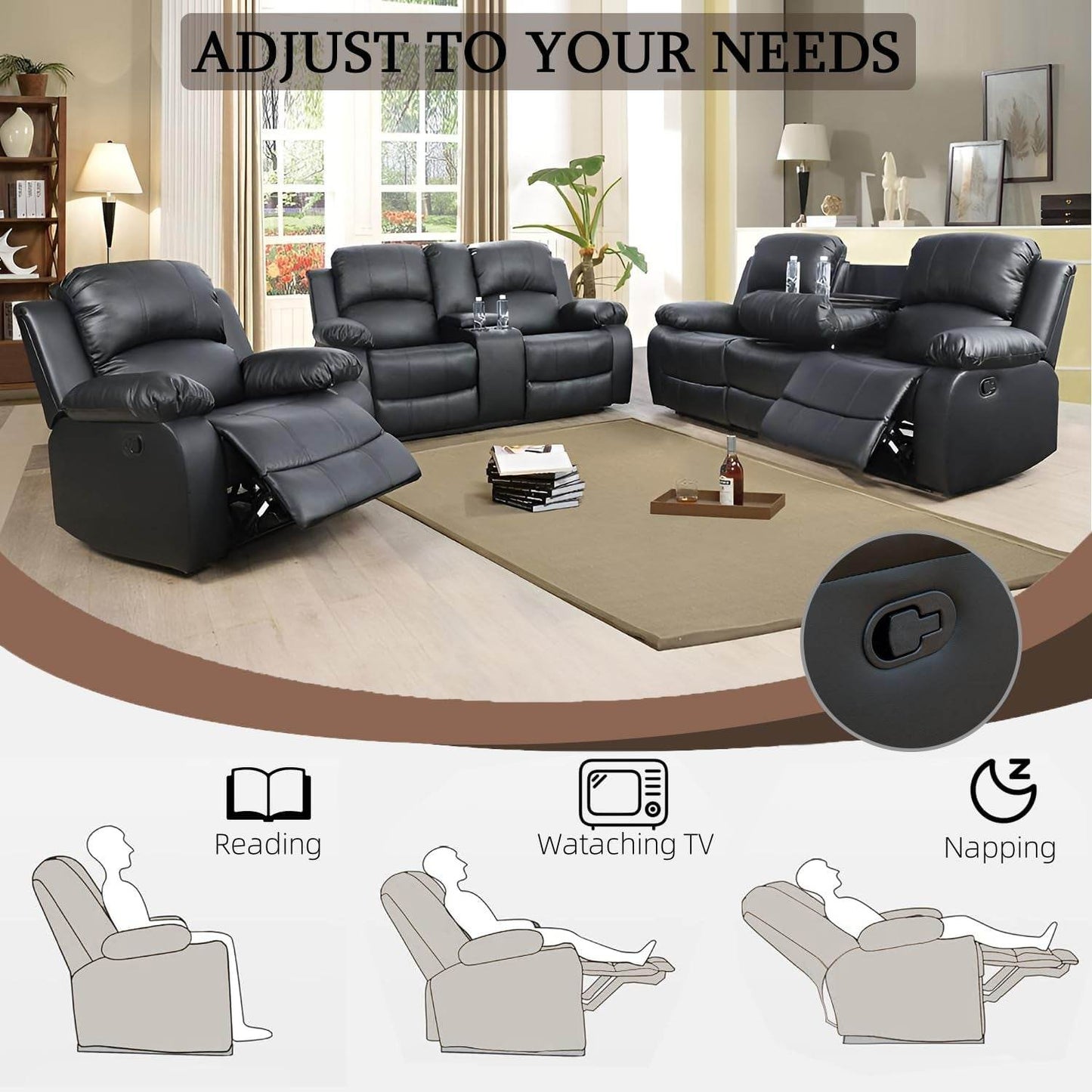 Leather Recliner Sofa Set (Sofa Set 3 Pieces) - Loft&Timber
