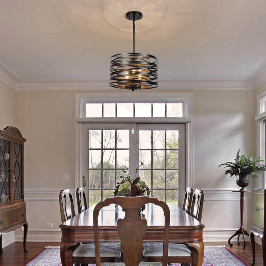 12.6'' Farmhouse Chandeliers for Dining Room, 3-Light Industrial Metal Hanging Light Fixture, Rustic Drum Pendant Light for Entryway Kitchen Foyer Bedroom, Black with Retro Wood Texture Interior - Loft&Timber
