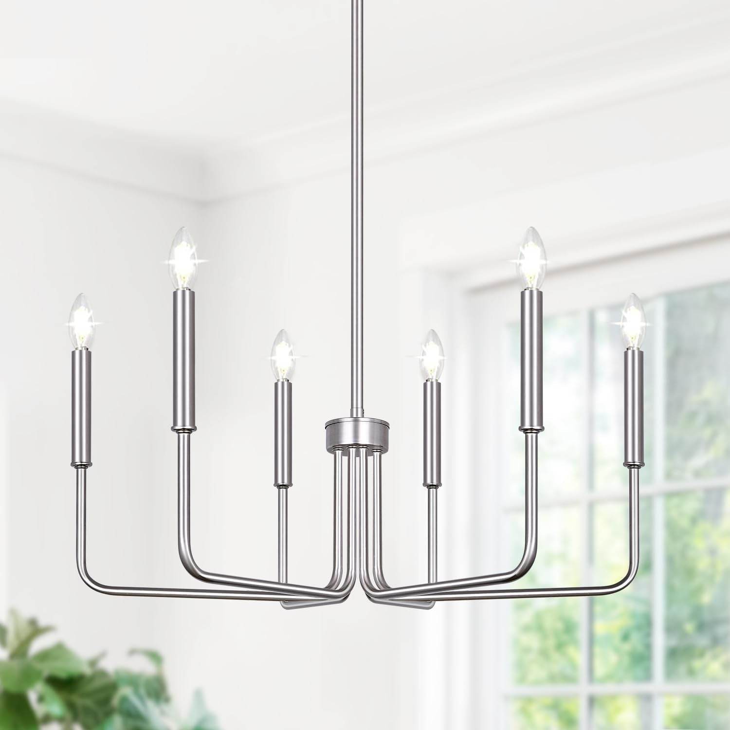 6-Light Farmhouse Chandelier for Dining Room Lighting Fixtures Hanging, Brushed Nickel Dining Light Fixtures Industrial Chandelier for Bedroom, Foyer, Hall, Kitchen, Living Room and Entryway - Loft&Timber