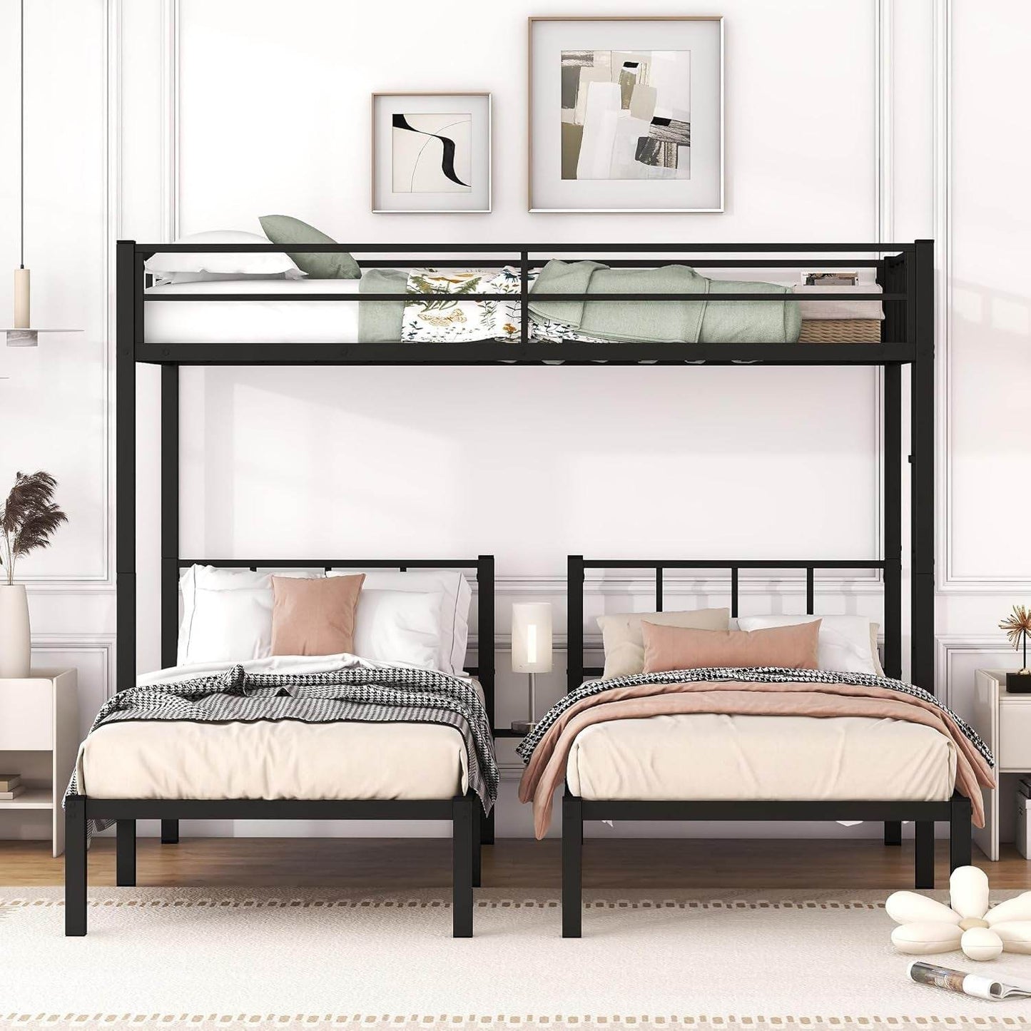 Twin over Twin over Twin Triple Bunk Bed for Kids,3 Bed Bunk Beds for 3,Metal Triple Bunk Beds with Built-In Desk,Separates into 3 Twin Beds,Noise Reduced Structure,Black - Loft&Timber