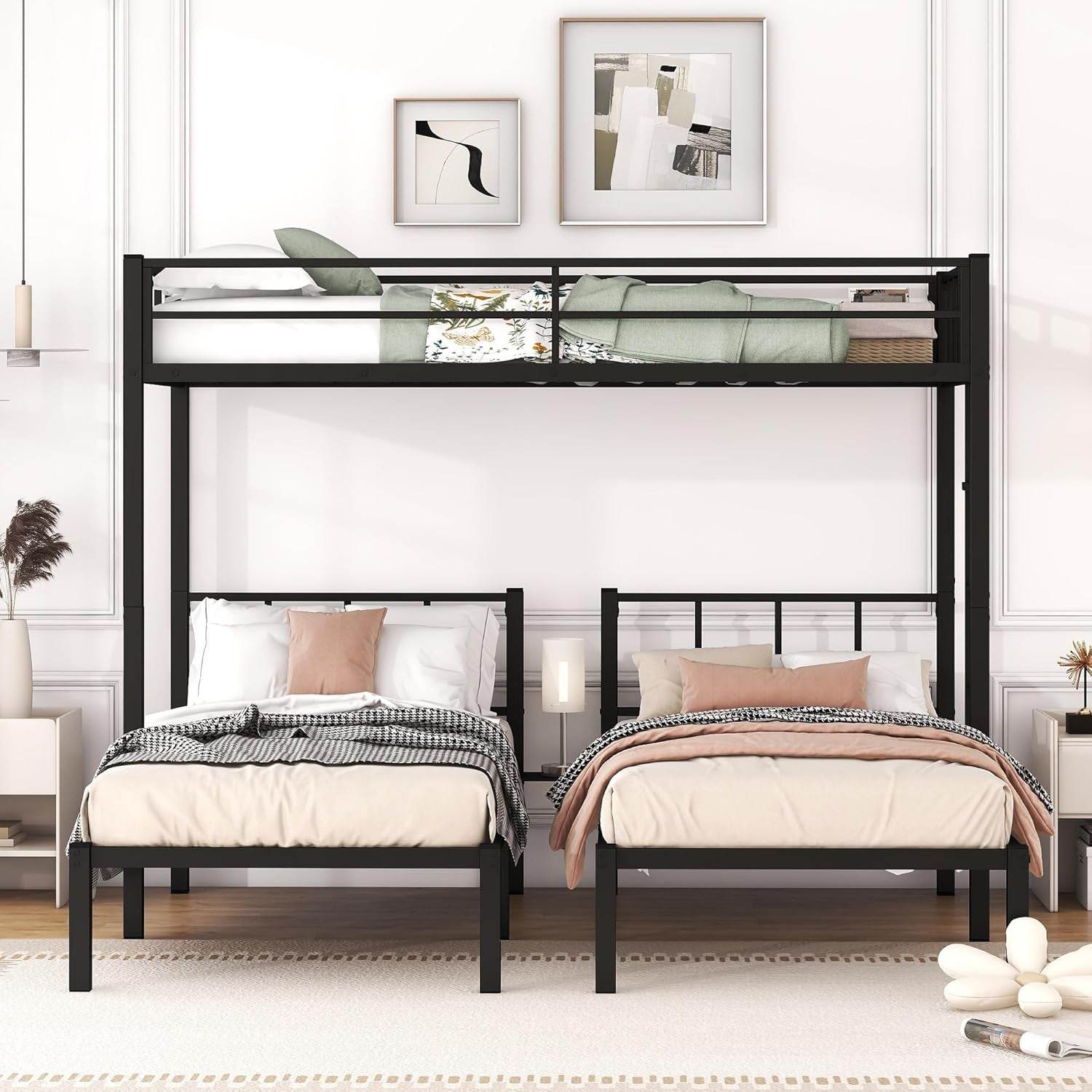 Twin over Twin over Twin Triple Bunk Bed for Kids,3 Bed Bunk Beds for 3,Metal Triple Bunk Beds with Built-In Desk,Separates into 3 Twin Beds,Noise Reduced Structure,Black - Loft&Timber