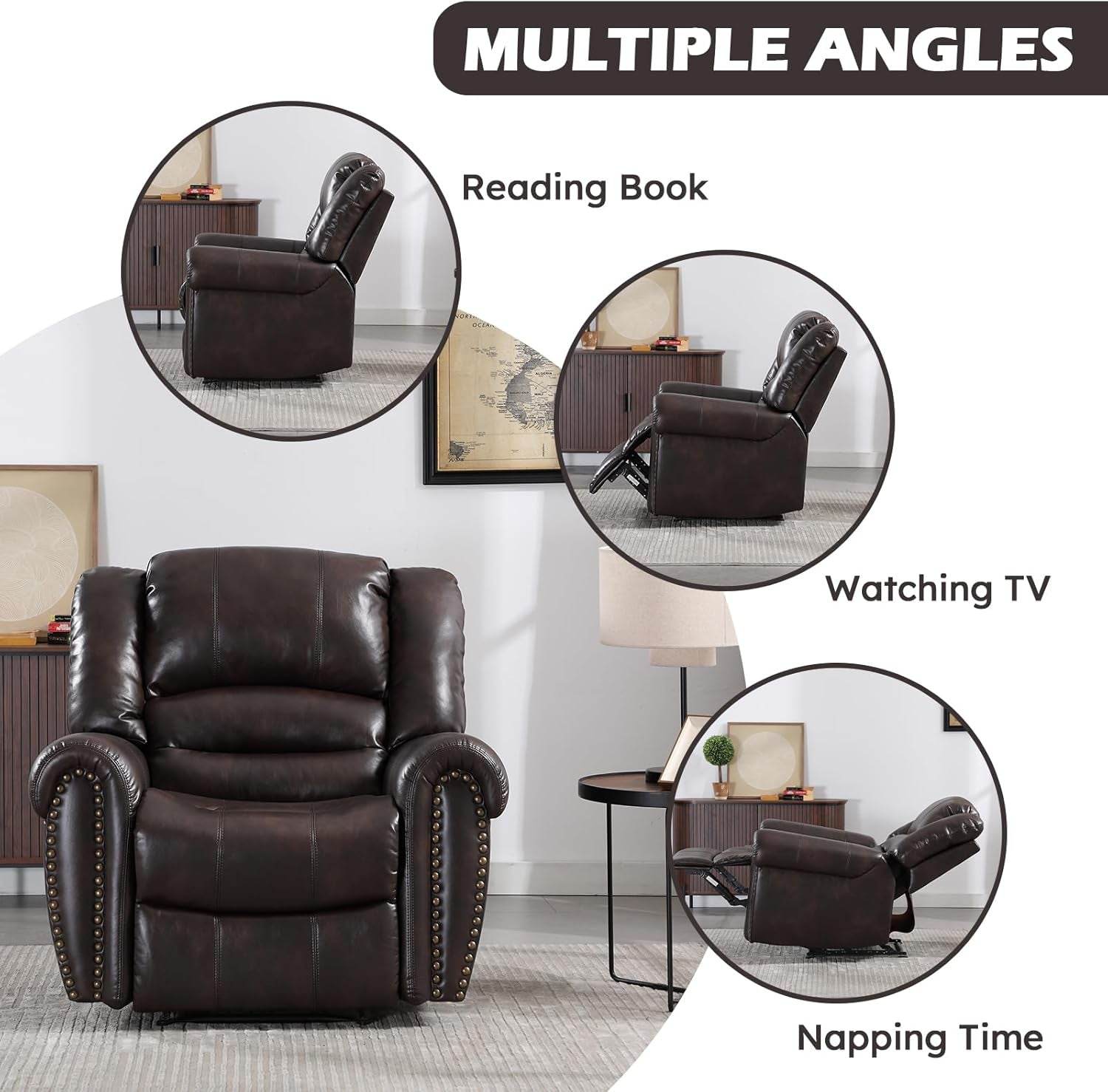 Leather Recliner Chair, Classic and Traditional Manual Recliner Chair with Comfortable Arms and Back Single Sofa for Living Room, Dark Brown - Loft&Timber