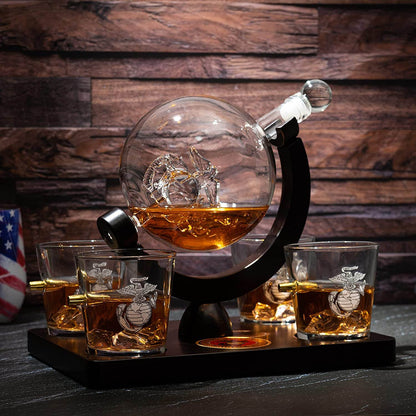 Marine Decanter Set With Four 3 oz Shot Glasses 1000ml Marines Gift Decanter by The Wine Savant - Marine Gifts, Army Gifts, Veteran Gifts - Loft&Timber