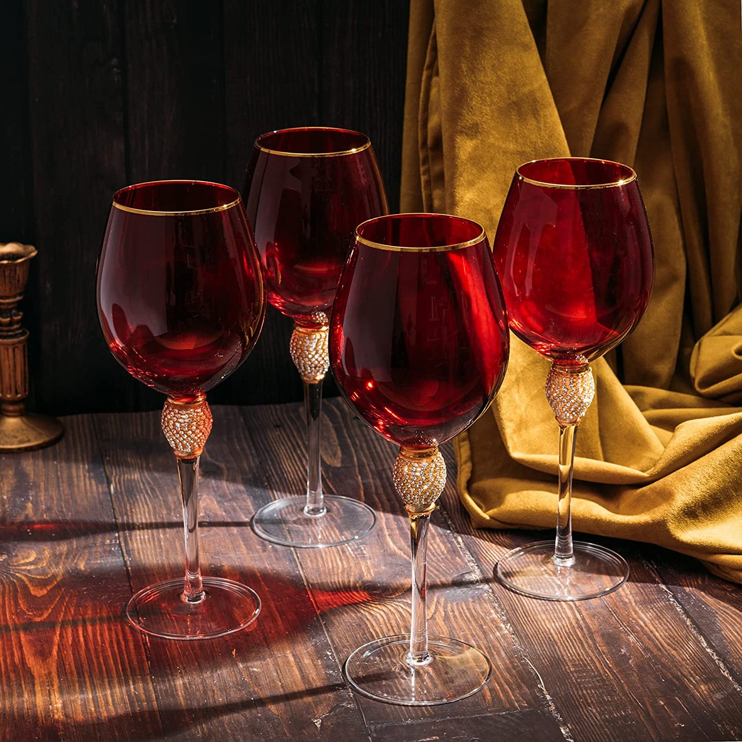 The Wine Savant Large Diamond Wine Glasses, 10" H Gold Rim Rhinestone Diamond Glasses - Wedding Glasses - 18 Ounce, Premium Designed Wine Glasses for Spirits and Wine, Gift Boxed (4, Red) - Loft&Timber
