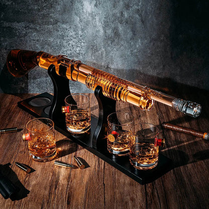 Shotgun Whiskey Decanter Set - Limited Edition - 800 ml & 4 12oz Bullet Glasses - Unique Gift - Drinking Party Accessory, Handmade Gun Liquor Decanter, Tik Tok Gun Decanter Gifts for Dad - Loft&Timber
