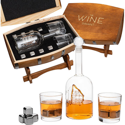 Large Display Whiskey & Wine Decanter with Antique Ship - Handcrafted Wood Barrel Storage - Wine Savant Decanters Gifts Set with 2 Glasses, & Drink Chiller Stones for Your Bar - 16" x 8" x 15" - Loft&Timber