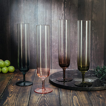 Multicolored Beautiful Champagne Flutes 10" Stemmed - 4 Set- Blue, Green, Brown, Pink - 10.5 OZ Elegant Glass Colored Glasses, Mimosa , Cocktail Bar Glassware Ideal for Home, Weddings - Gift - Loft&Timber