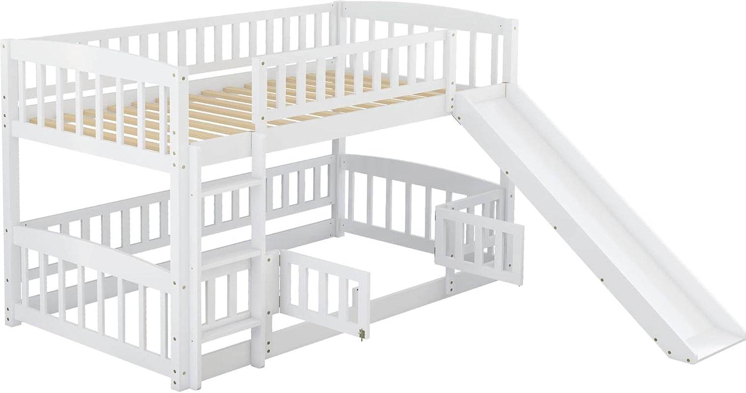 Bunk Bed Twin over Twin with Slide and Stairs, Twin Bunk Bed for Kids, Girls, Boys, Floor Bunk Bed with Fence and Door, White - Loft&Timber