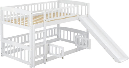 Bunk Bed Twin over Twin with Slide and Stairs, Twin Bunk Bed for Kids, Girls, Boys, Floor Bunk Bed with Fence and Door, White - Loft&Timber