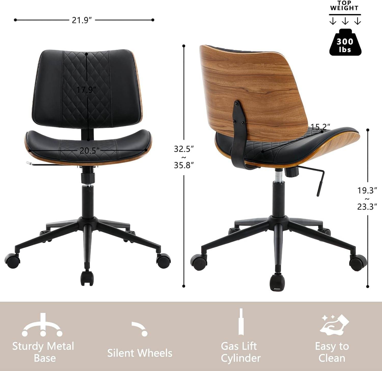 Home Office Chair No Arms with Wheels (Black) - Loft&Timber