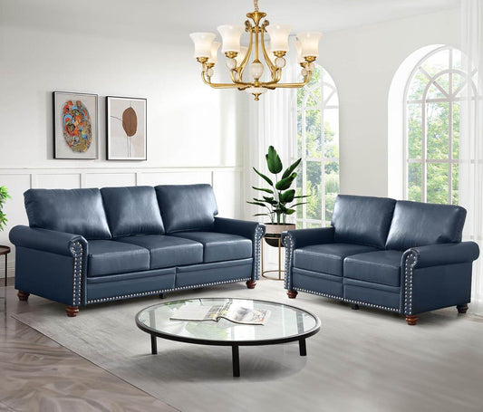 2-Piece Comfy Upholstered PU Leather Sofa in Navy Blue - Loft&Timber