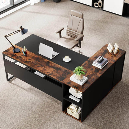 71 Inch Executive Desk, L Shaped Desk with Cabinet Storage in Brown and Black - Loft&Timber