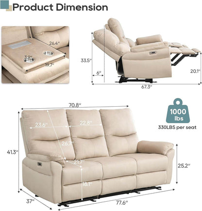 Reclining Sofa, Power Reclining Sofa with Drop down Table,Cup Holder and USB Port, Modern 3 Seater Loveseat Recliner Sofa, Wall Hugger Sofa Recliner for Living Room/Rv (Beige) - Loft&Timber