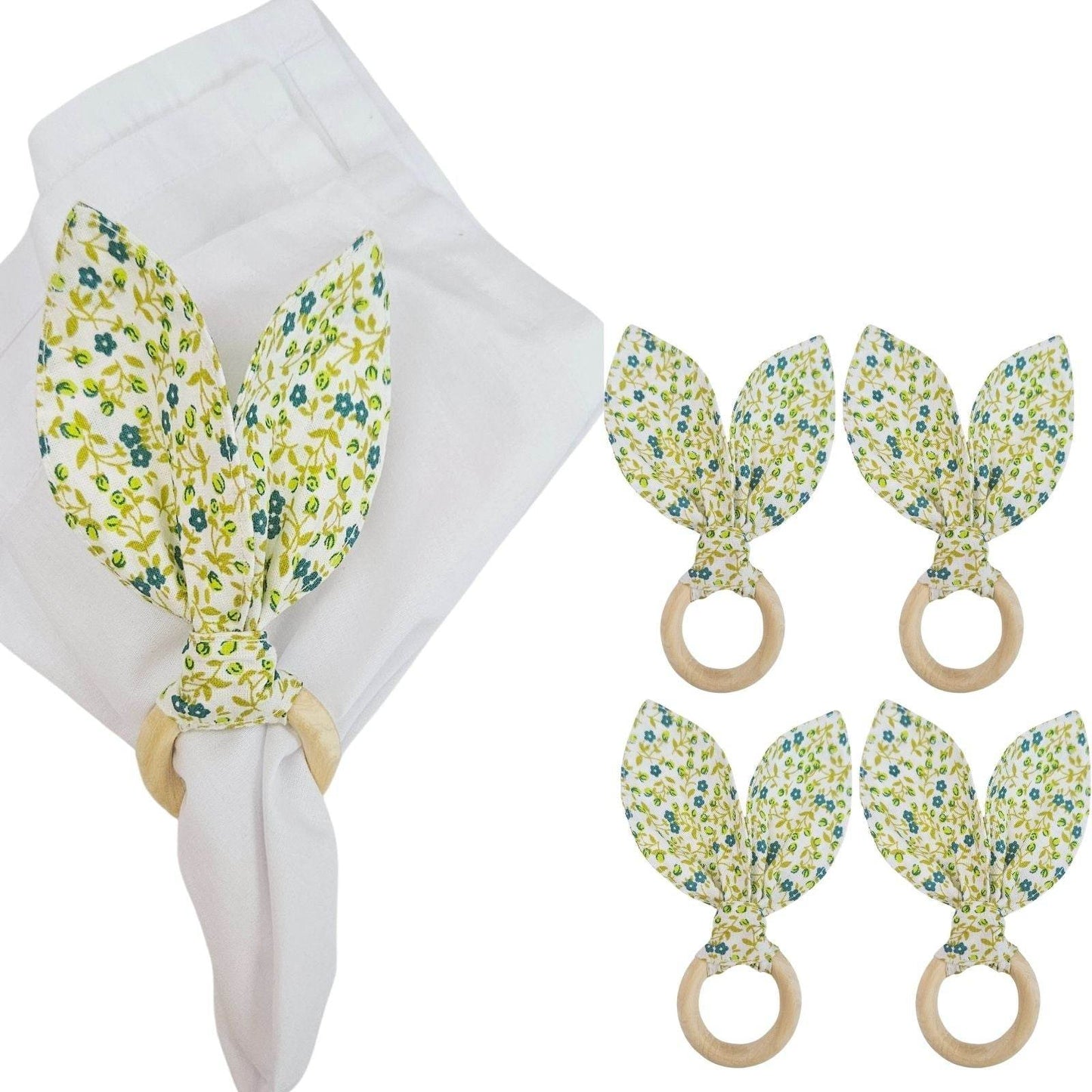 Maison Charlo | Easter Set of 4 Floral Lemon Bunny Ears Napkin Rings | Dining Table Decor - Loft&Timber