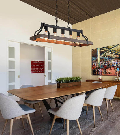 Rustic Kitchen Island Dining Room Light Fixture Farmhouse Linear Chandelier Black and Retro Wood Finish 5-Light Industrial Metal Hanging Pendant Light UL Listed L33.5 W10.6 - Loft&Timber