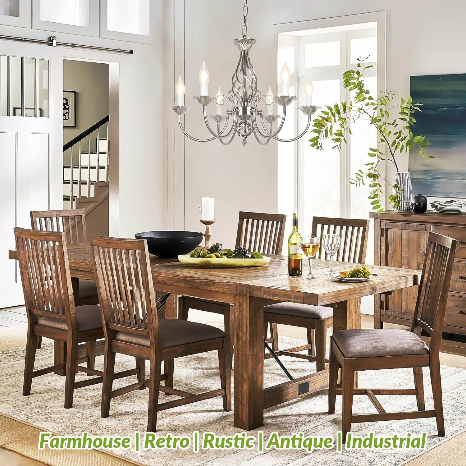 6-Light Farmhouse Candle Chandelier for Living Room, Rustic Industrial Pendant Ceiling Light Fixture, Brushed Nickle Modern Ceiling Hanging Lamp for Bedroom Hallway Kitchen Dining Room Foyer, E12 Base - Loft&Timber