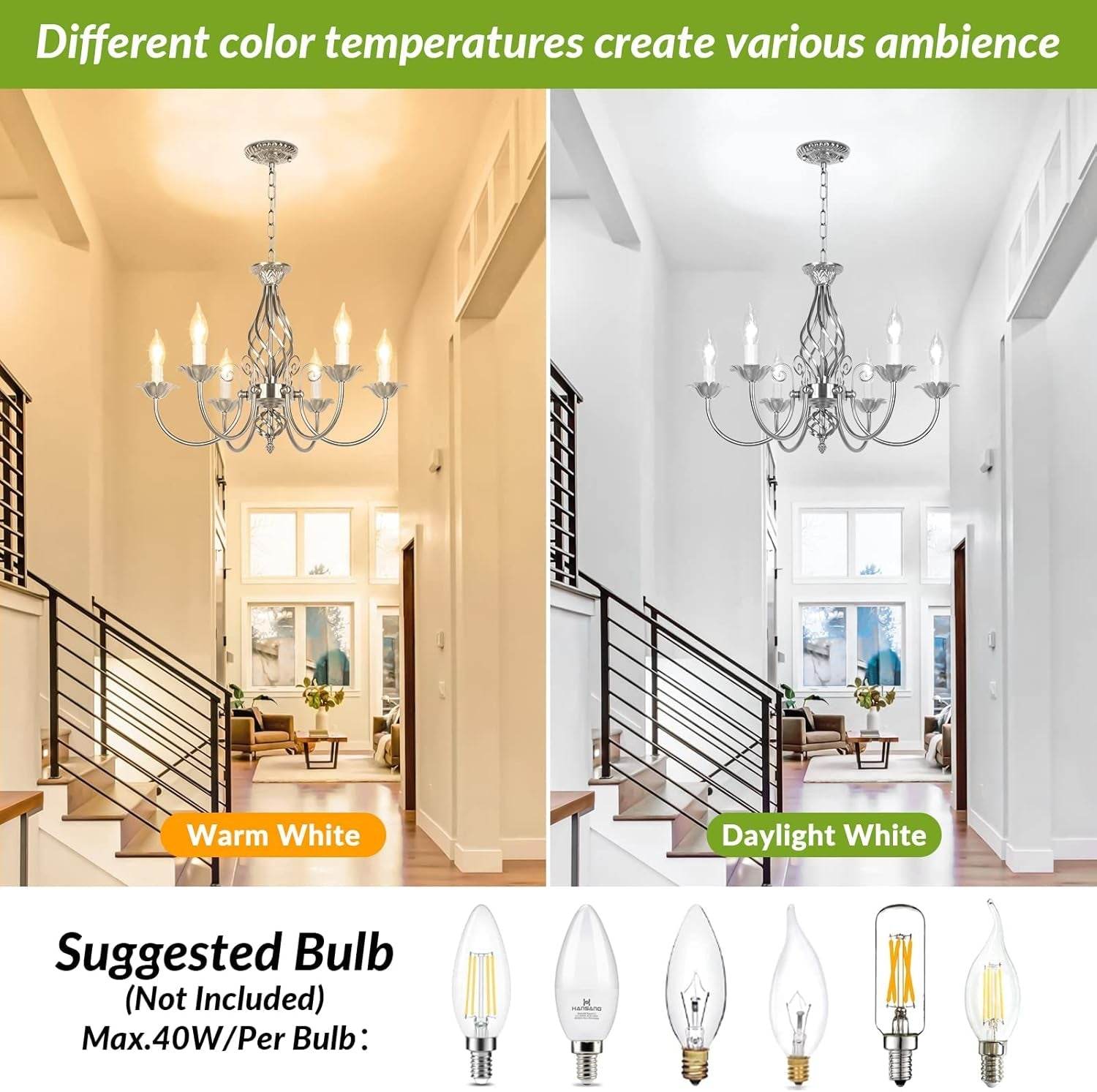 6-Light Farmhouse Candle Chandelier for Living Room, Rustic Industrial Pendant Ceiling Light Fixture, Brushed Nickle Modern Ceiling Hanging Lamp for Bedroom Hallway Kitchen Dining Room Foyer, E12 Base - Loft&Timber