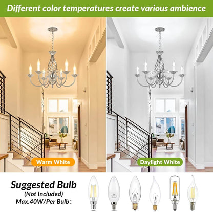 6-Light Farmhouse Candle Chandelier for Living Room, Rustic Industrial Pendant Ceiling Light Fixture, Brushed Nickle Modern Ceiling Hanging Lamp for Bedroom Hallway Kitchen Dining Room Foyer, E12 Base - Loft&Timber