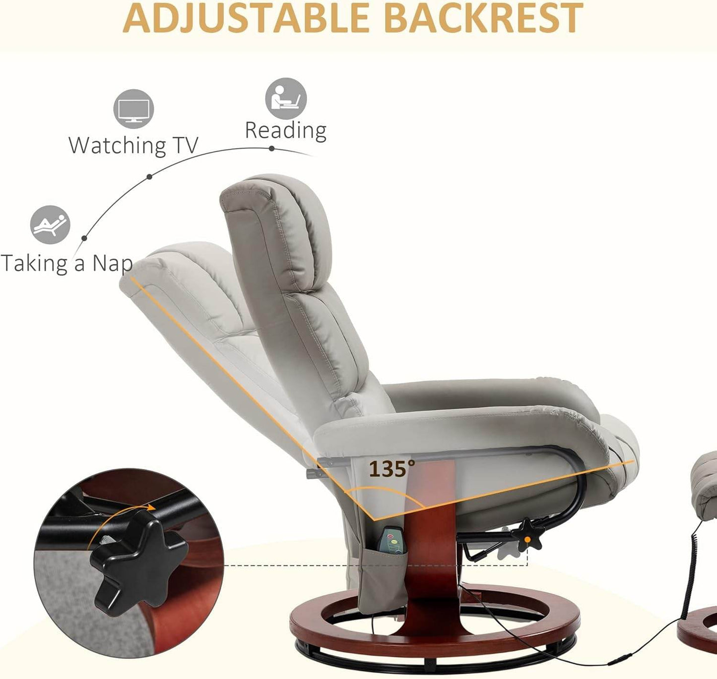 Massage Recliner Chair with Ottoman, Swivel Recliner and Footrest, Faux Leather Reclining Chair with Remote Control and Side Pocket, Gray - Loft&Timber