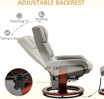 Massage Recliner Chair with Ottoman, Swivel Recliner and Footrest, Faux Leather Reclining Chair with Remote Control and Side Pocket, Gray - Loft&Timber