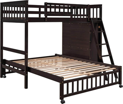 Twin over Full Bunk Bed with Storage, Solid Wood Bunk Bed with 6 Drawers and 3 Flexible Shelves, Twin Loft Bed with Movable Lower Bed, Bottom Bed with Wheels, for Kids Teens Adults (Espresso) - Loft&Timber