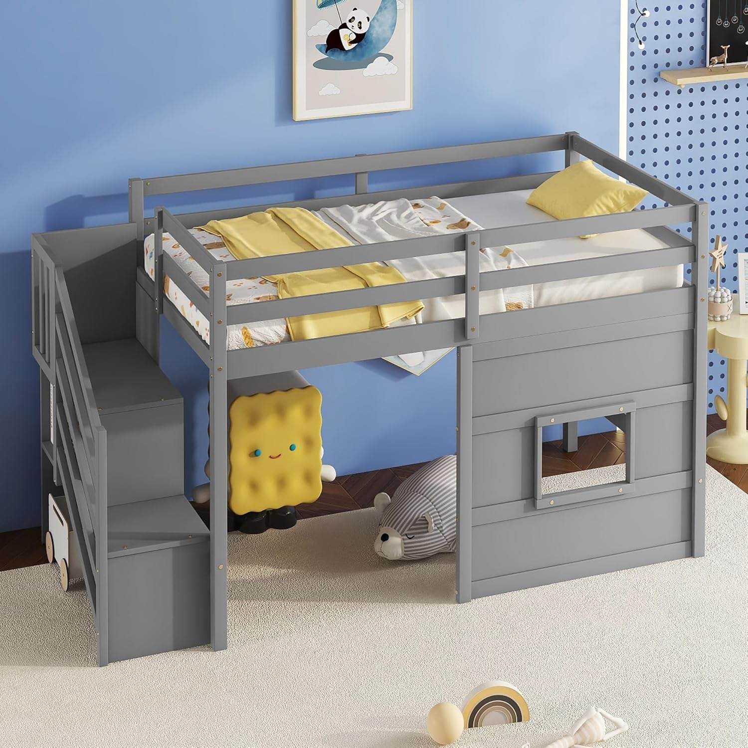Twin Size Low Loft Bed with Stairs, Kids Loft Bed with Storage,Solid Wood Twin Loft Bed Frame for Kids, Space Saving Low Loft Bed for Boys, Girls, Gray - Loft&Timber