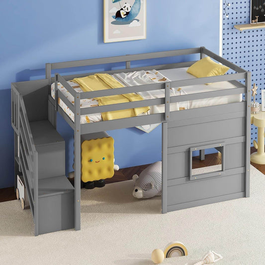 Twin Size Low Loft Bed with Stairs, Kids Loft Bed with Storage,Solid Wood Twin Loft Bed Frame for Kids, Space Saving Low Loft Bed for Boys, Girls, Gray - Loft&Timber