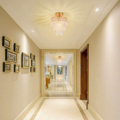 Mini Size Crystal Chandelier Modern Flush Mount Ceiling Light 3 Tiers Raindrops Crystal Pendant Lighting Fixture Decoration for Bedroom Hallway Living Room,E26 Base,Gold - Loft&Timber