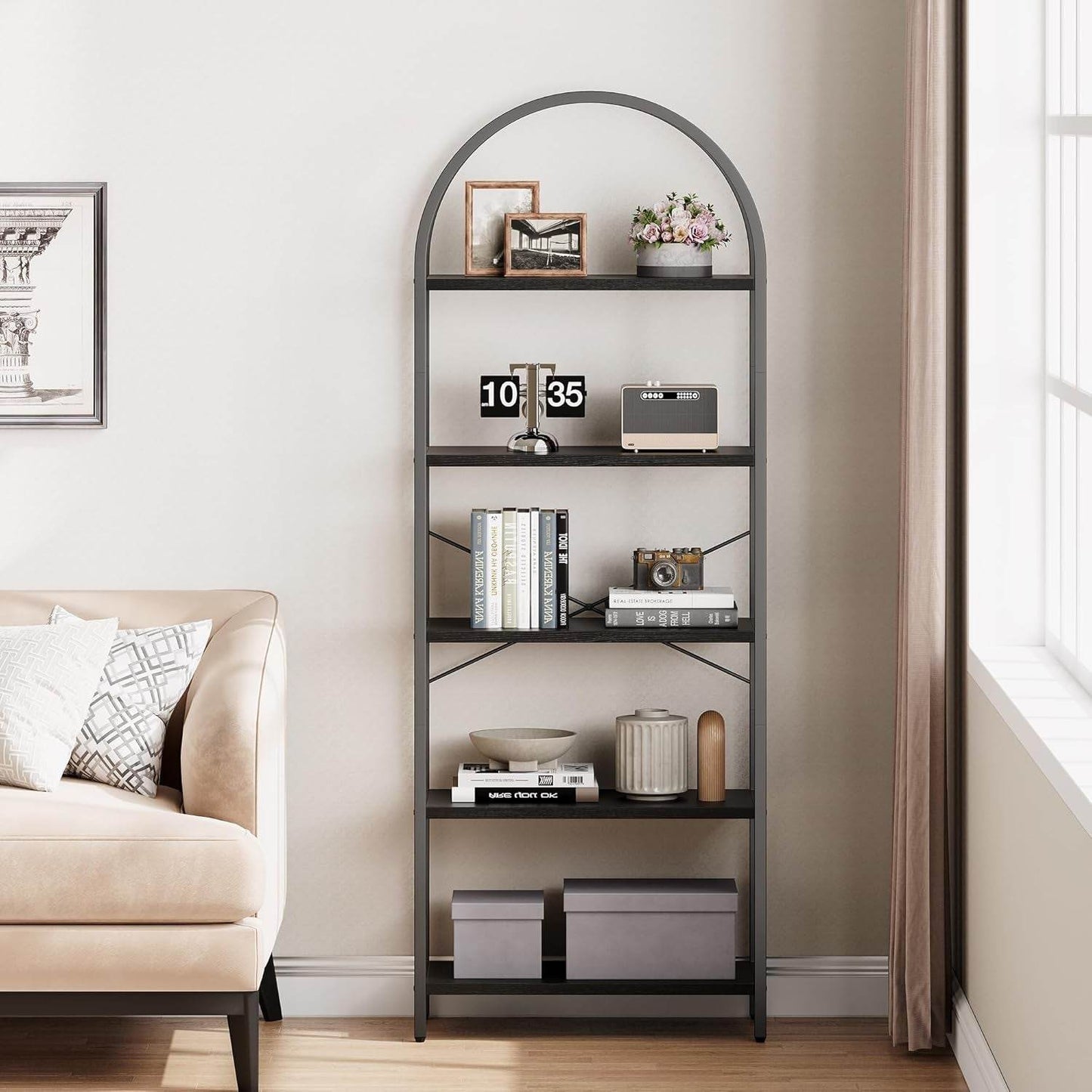 Tall Black Arched Bookcase with 5 Open Shelves - Loft&Timber