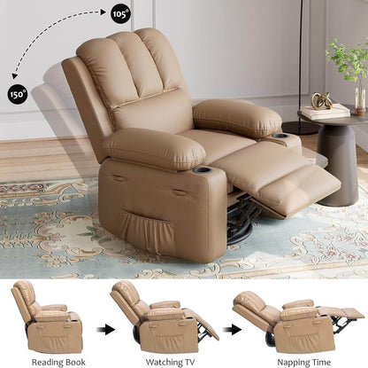 Leather Recliner Chair, Manual Recliner W/Comfortable Arms and Cup Holders for Living Room CF8011 - Khaki, Medium - Loft&Timber
