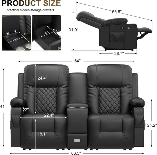 Large Loveseat Recliner, Loveseat Recliner Sofa with Storage Console, Recliner Chair with USB Ports, 2 Cell Phone Holders, Cup Holder, Loveseat Couch for Living Room - Loft&Timber