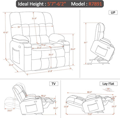 Dark Grey Wide Power Lift Recliner Massage, Heat, USB - Loft&Timber