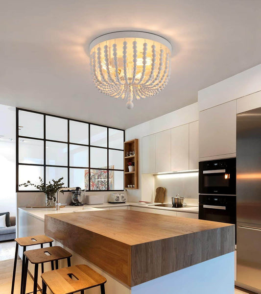 White Boho Beaded Chandeliers Flush Mount Ceiling Light,3-Lights Small Chandelier Light Fixture for Bedroom,Kitchen,Dining Room,Living Room,Stairway Gazebo - Loft&Timber