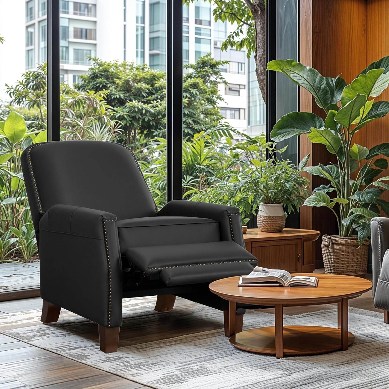 Mid-Century Faux Leather Pushback Recliner Brass Trim - Loft&Timber