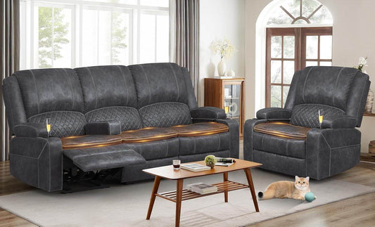 3 Seater Recliner Sofa Set with 2-Tier Cushion, 3+1 Pieces - Grey - Loft&Timber