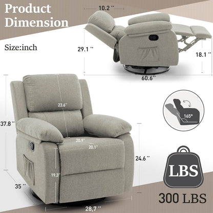 Recliner Chair, 360 Swivel Rocker Chair for Adults, Small Rocking Recliner Chair for Small Spaces, Upholstered Fabric Glider Recliner Nursery Chair with Side Pockets for Living Room, Nursery - Loft&Timber