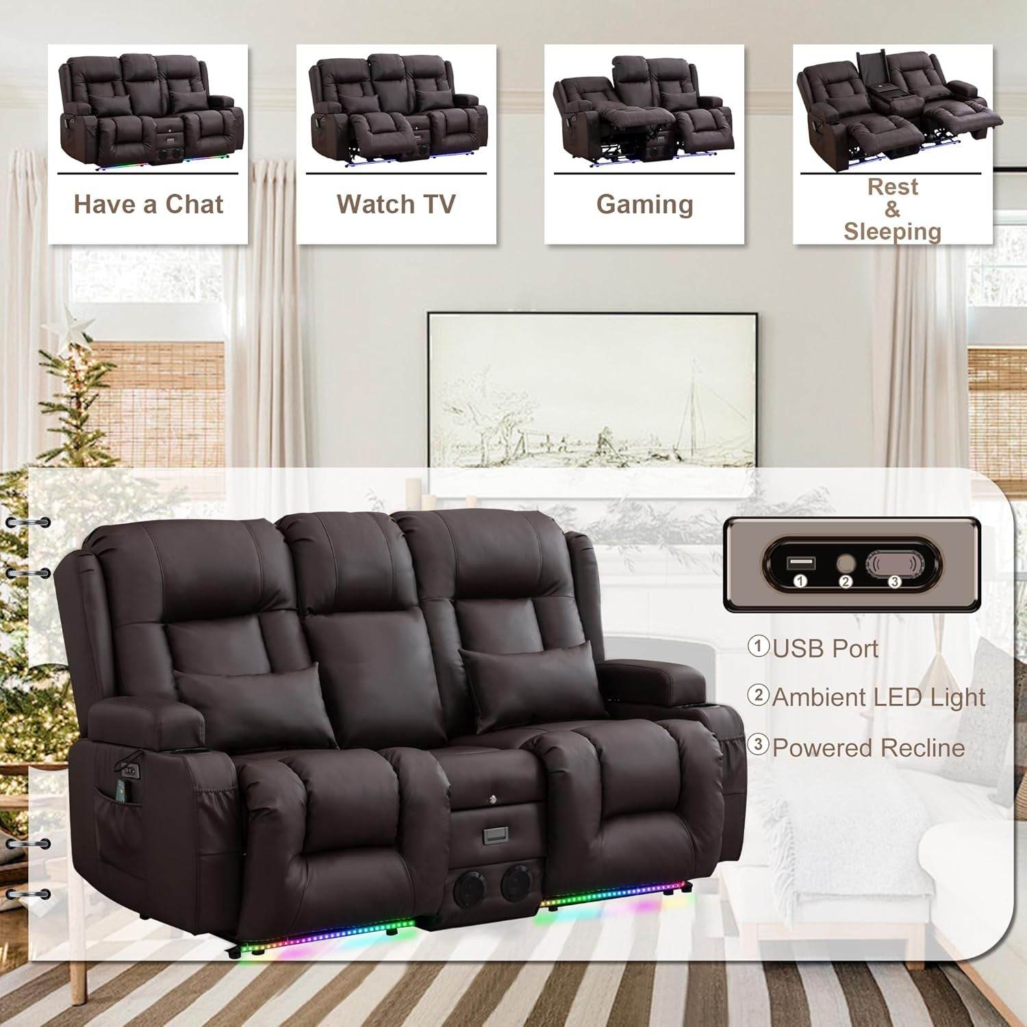 Power Loveseat Recliner Sofa with Massage & Heat (Brown, Loveseat) - Loft&Timber