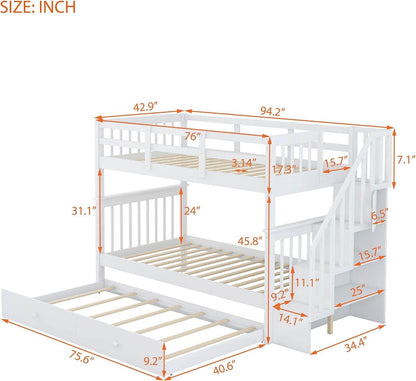 Twin over Twin Bunk Bed with Stairs and Trundle, Solid Wood Stairway Bunk Bed Frame with Storage, for Kids Teens Adults – White - Loft&Timber