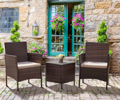 Patio Furniture Set 3 Pieces All-Weather Rattan Outdoor Furniture Patio Chairs with Tempered Glass Table for Porch Bistro Balcony (Brown/Cream) - Loft&Timber