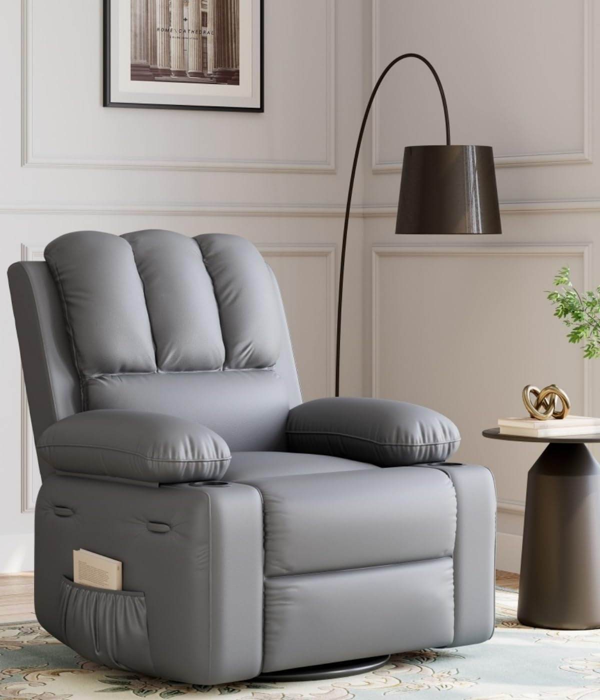 Oversized Recliner Chairs with Heat and Massage - 360° Swivel - Grey - Loft&Timber