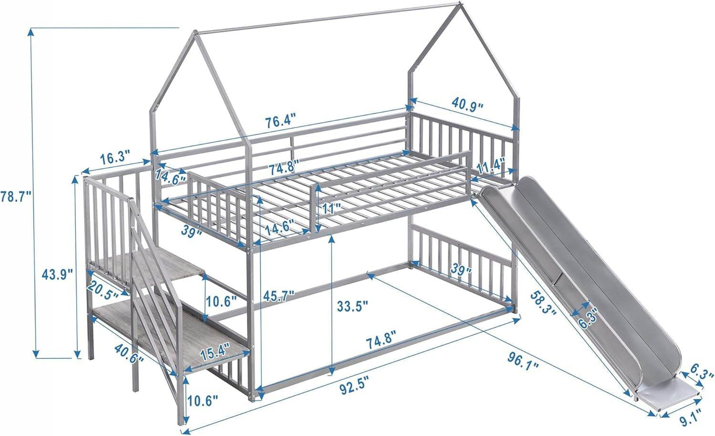 Twin over Twin Bunk Bed with Slide and Storage Stairs, Heavy Duty Bunk Bed/House Bunk Bed Twin over Twin, Twin Floor Bunk Beds for Kids, Girls, Boys(Twin over Twin Sliver) - Loft&Timber