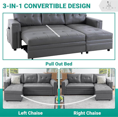 L-Shaped Sectional Sleeper Sofa with USB Ports - Convertible Pull-Out Bed, Ample Storage, Timeless Design, Durable Construction, Gray/Air Leather - Loft&Timber