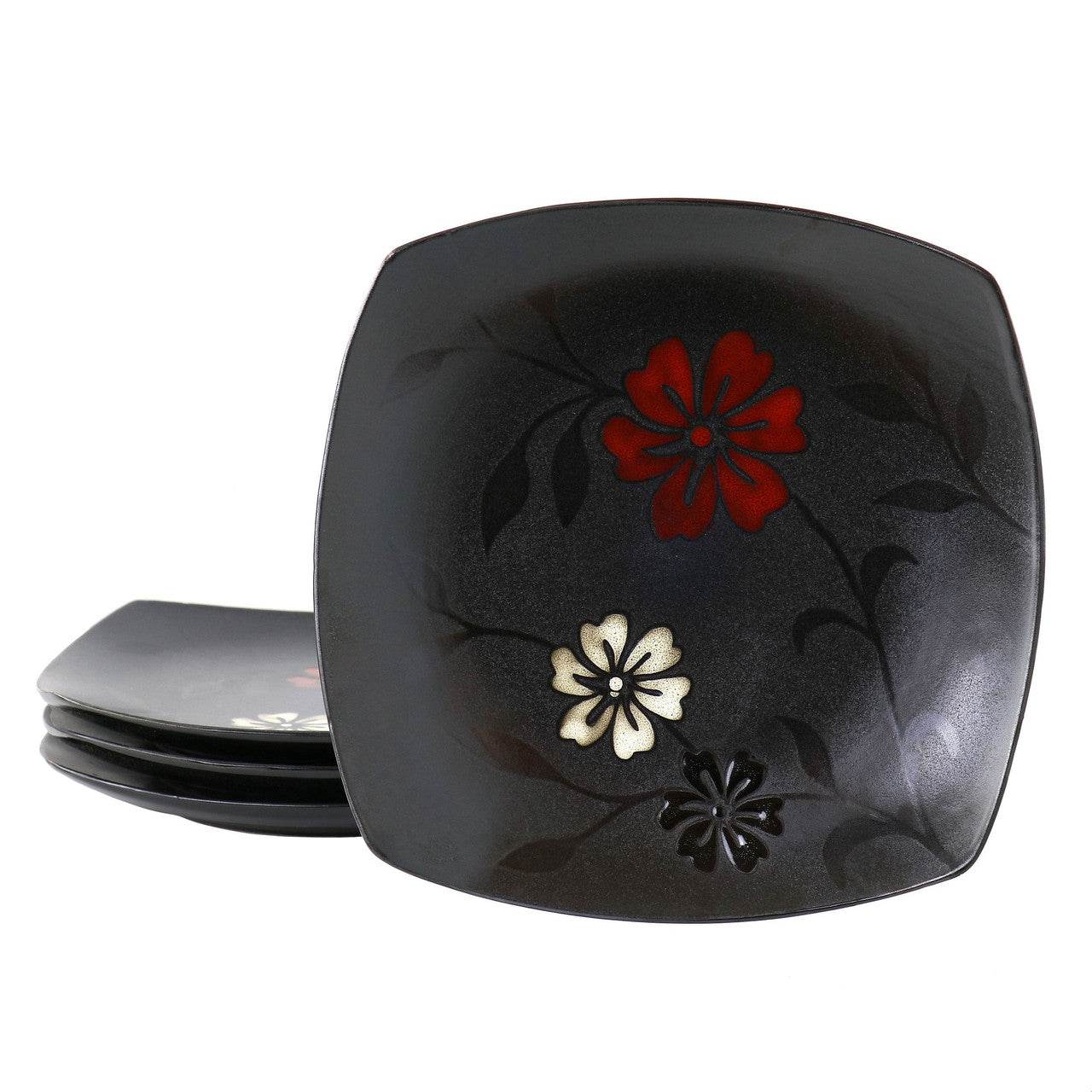 Hometrends Evening Blossom 4 Piece 8 Inch Square Stoneware Salad Plate Set in Black - Loft&Timber