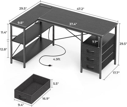 L Shaped Desk with Power Outlets in Black - Loft&Timber